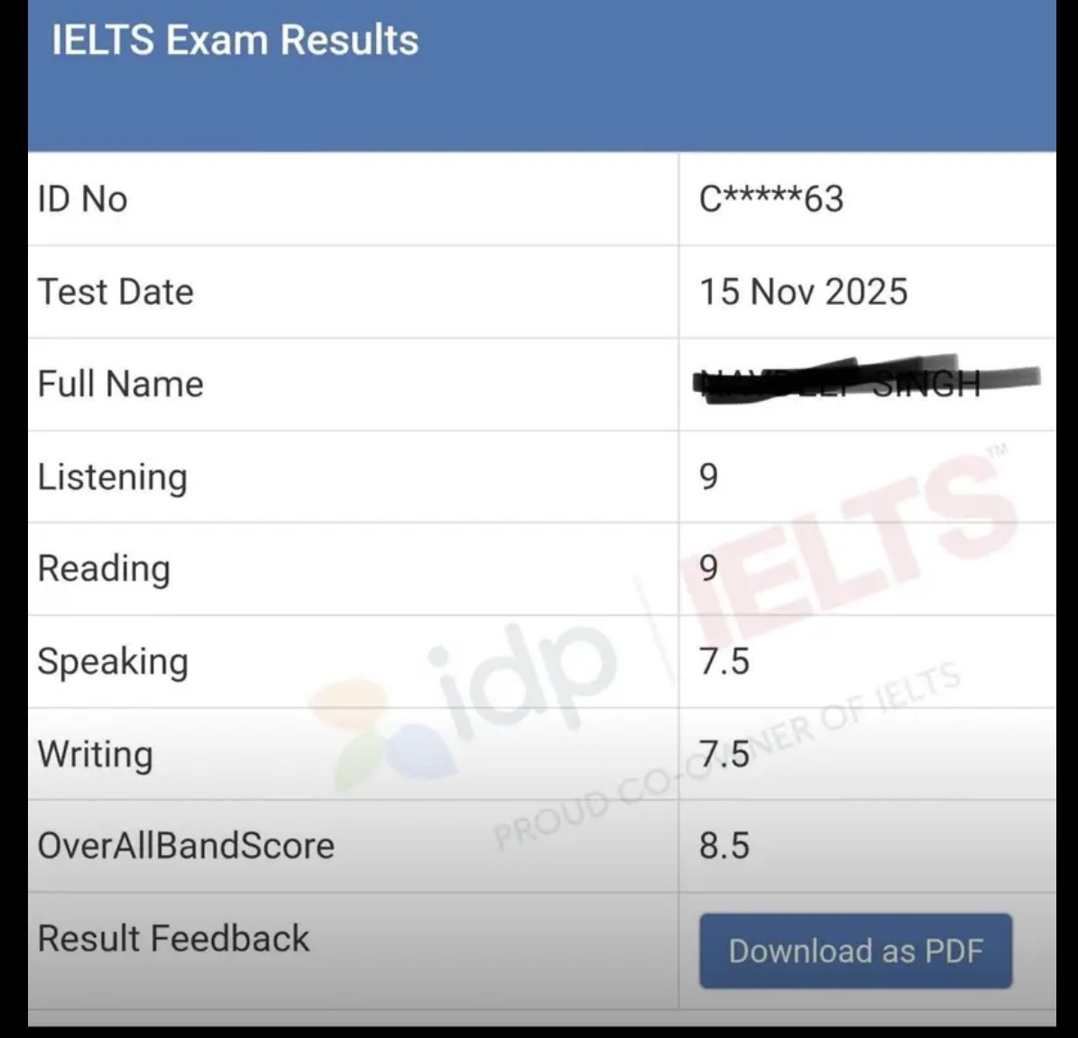 Rahul Krishnan IELTS Band 8.5 score card