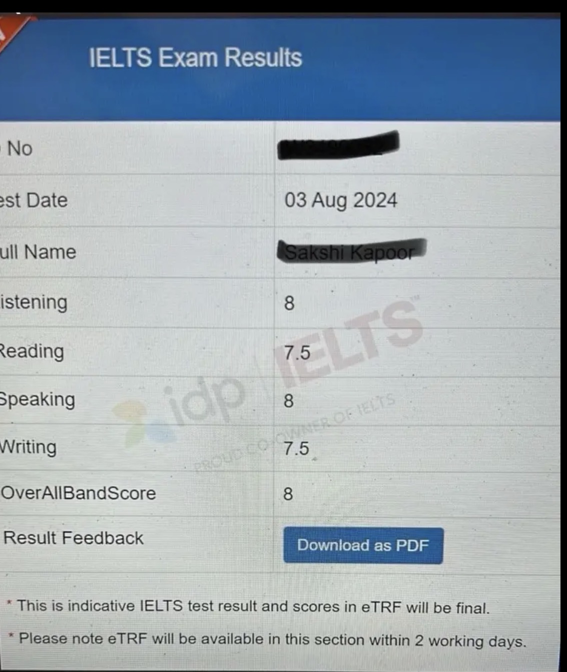Anjali Nair IELTS Band 8.0 score card