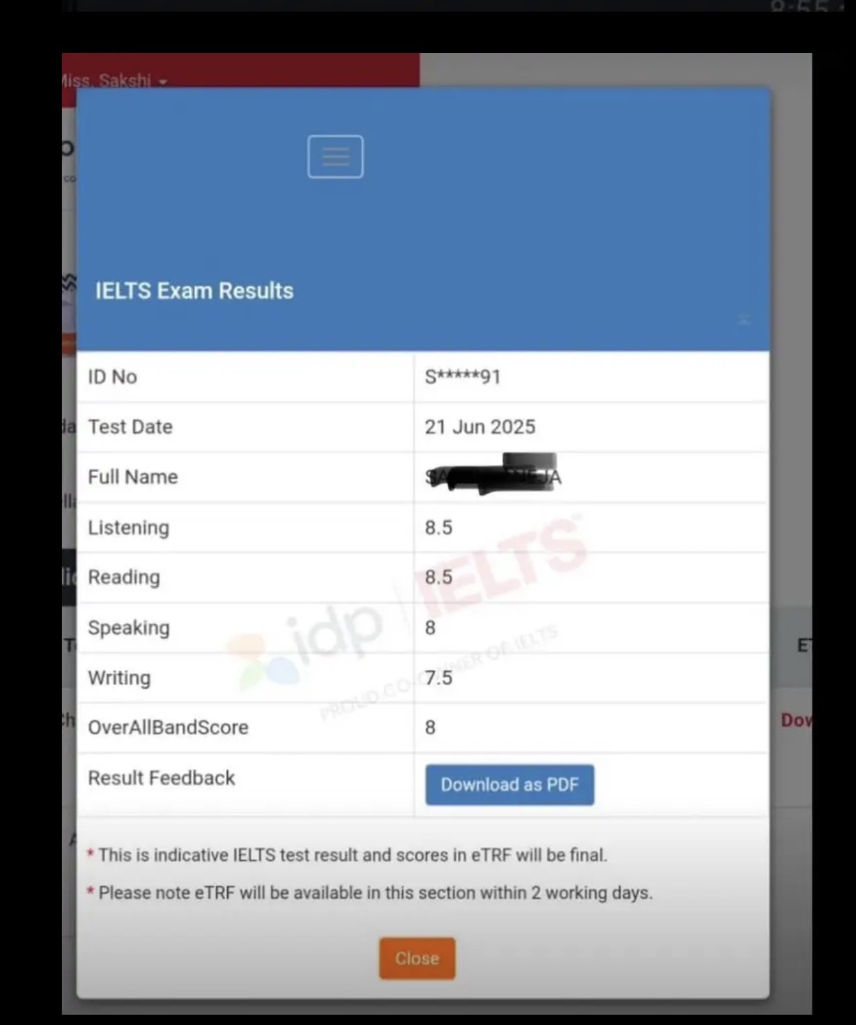 Deepa Menon IELTS Band 8.0 score card